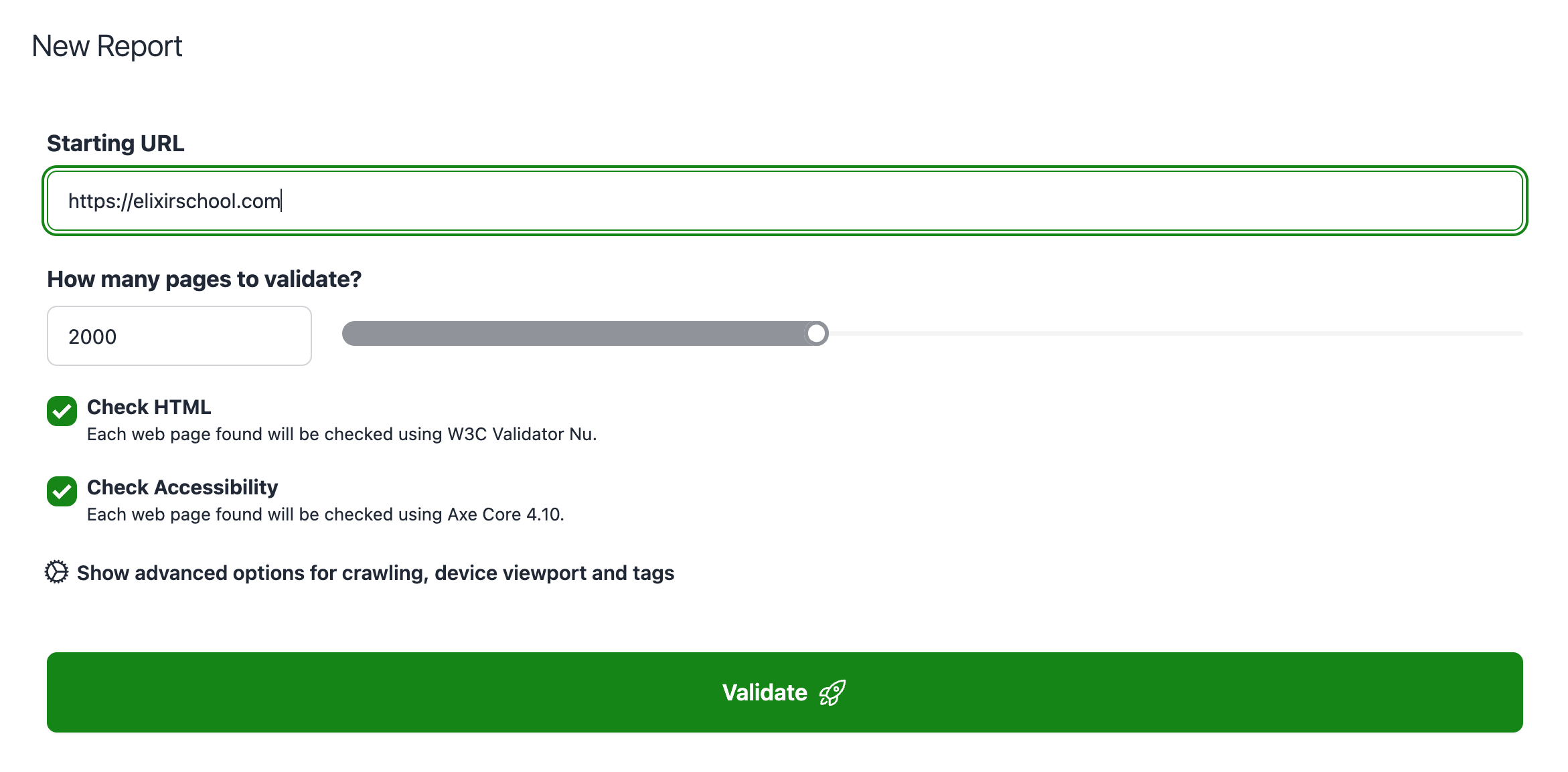 Rocket Validator new site validation report